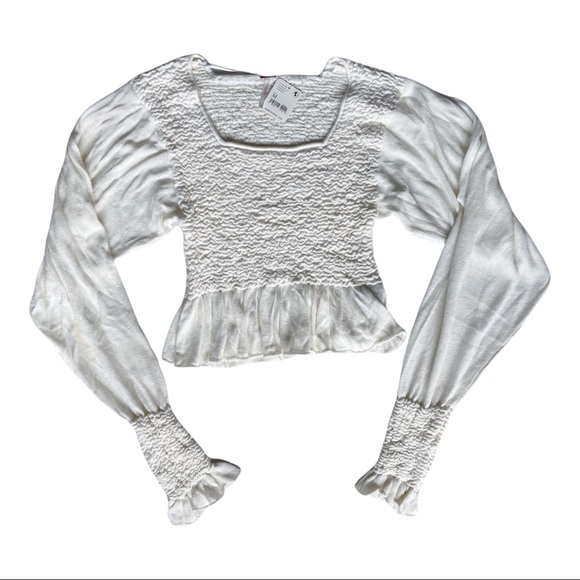 FREE PEOPLE Smocked Peplum Knit Top In Evening Cream Spirit Size M White Boho. - Picture 3 of 9